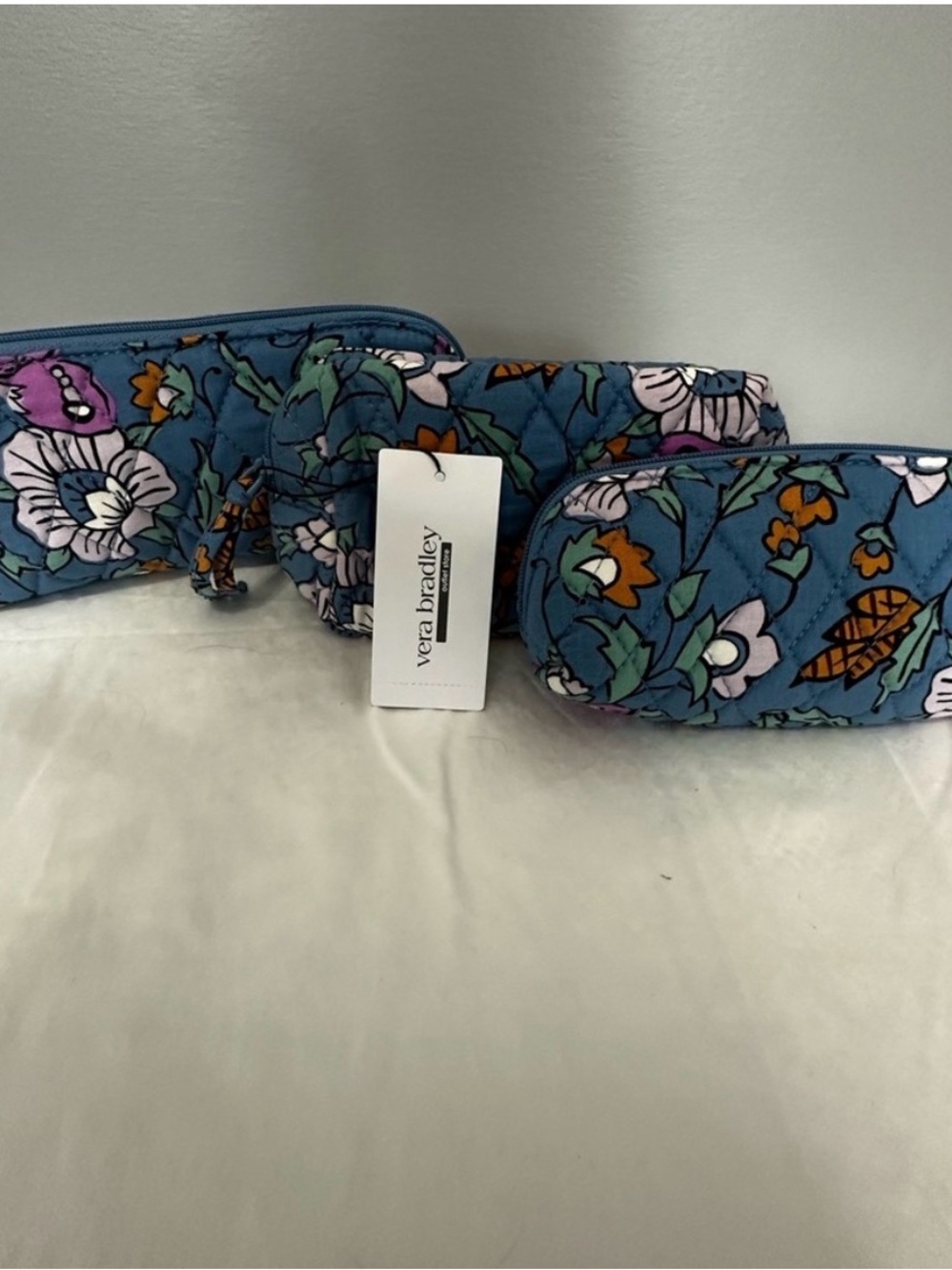 Vera Bradley Blue Floral Quilted Cosmetic Pouch Trio